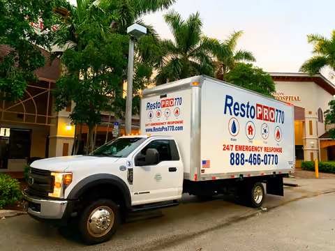 White RestoPro770 box truck parked at dusk on a job site